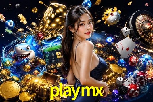 Escena dinámica inspirada en casino con iluminación playmx, cartas, fichas e íconos de juegos digitales en un espacio moderno de juegos.