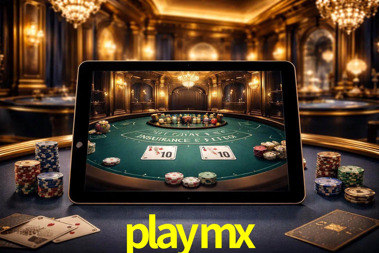 Configuración moderna de casino en vivo con una tableta mostrando una mesa de blackjack, luces cálidas de estudio y una atmósfera elegante de juegos digitales.