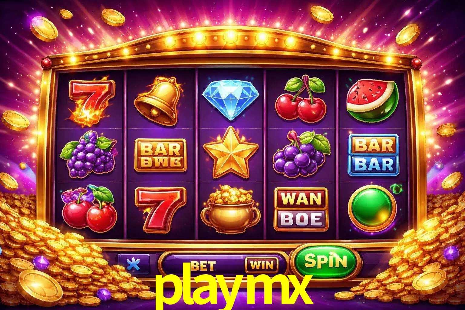 Una interfaz colorida de tragamonedas en línea con símbolos brillantes, monedas y un efecto de victoria celebratoria en playmx.